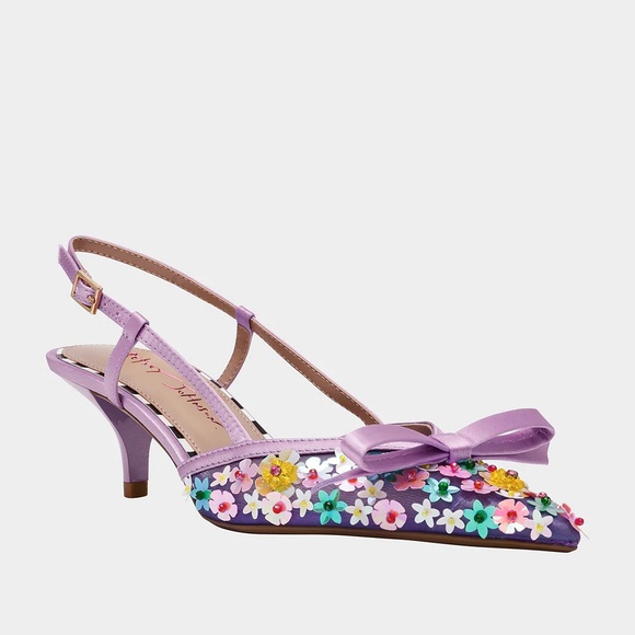 Betsey Johnson Shoes - Betsey Johnson Purple Floral Appliqué Slingback Kitten Heels